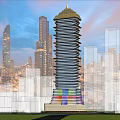 Tall Modern Office Building Featuring Unique Architectural Design Golden Top And City Skyline