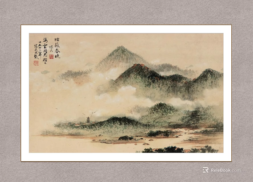 Chinese Traditional Landscape Painting with Misty Mountains Lush Vegetation and Calm Water 3d model 