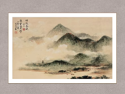 Chinese Traditional Landscape Painting with Misty Mountains Lush Vegetation and Calm Water 3d model