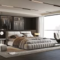 Modern Bedroom Interior Design With Upholstered Bed Open Wardrobe And Floor To Ceiling Window