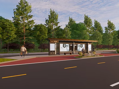 Modern Roadside Bus Shelter with Benches Green Trees and Pedestrians Near Road 3d model