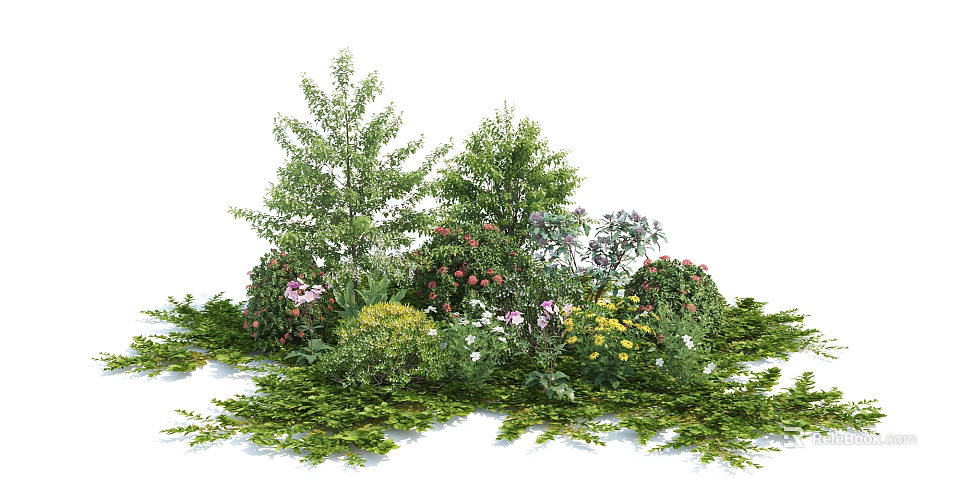 Diverse Green Shrubs With Colorful Flowers And Lush Foliage In Garden Landscape 3d model 