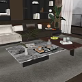 Modern Upholstered Sofa And Marble Top Coffee Table Set With Potted Plant And Decorative Items