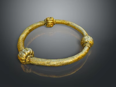 Golden Circular Carved Sculpture With Decorative Balls And Textured Surface 3d model