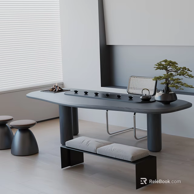 Modern Tea Room Interior With Tea Table Ceramic Set And Potted Plant 3d model