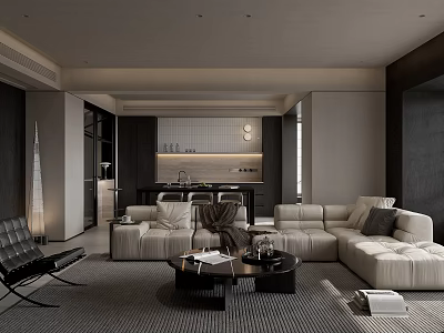 Luxury Minimalist Sectional Sofa And Round Coffee Table Combination For Stylish Neutral Modern Living Room 3d model