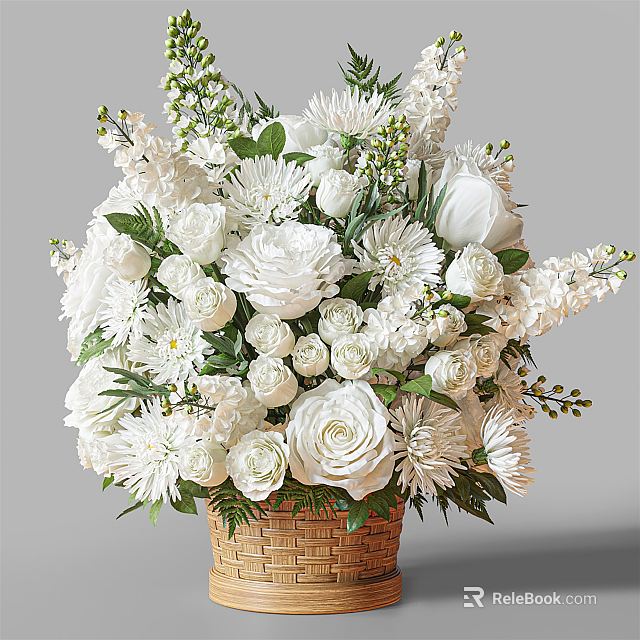 Decorative White Flower Arrangement in Woven Basket Vase with Various Blooms and Green Leaves 3d model 