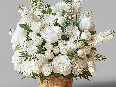 Decorative White Flower Arrangement in Woven Basket Vase with Various Blooms and Green Leaves 3d model