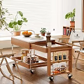 Modern Tea Cart With Multiple Tiers Wheels Fresh Fruits Coffee Grinder And Cups Potted Plants