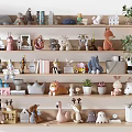 Cute Plush Dolls Displayed On Shelves With Books Plants And Decorative Items
