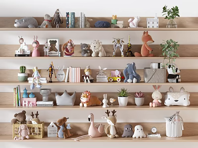 Cute Plush Dolls Displayed On Shelves With Books Plants And Decorative Items 3d model