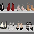 Stylish Women's Fashionable High Heels Collection in Black Red Pink Gold on Two Tiered Shelves