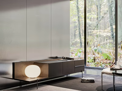 Sleek TV Cabinet with Round Light Fixture and Forest View Through Window 3d model
