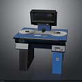 Blue Industrial Measurement Workbench With Two Circular Plates Monitor Display And Control Panel