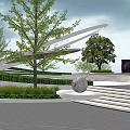 Modern Garden Landscape With Curved Wall STOP Sign Trimmed Shrubs White Columns And Greenery