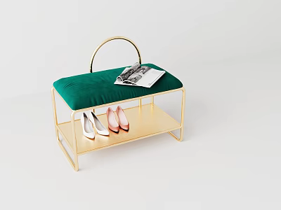 Stylish Sofa Bench with Green Cushion and Gold Frame Topped with Magazine and Shoes Below 3d model