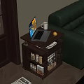 Wooden Side Table With Storage Shelf Laptop Mug And Lemon By Green Sofa