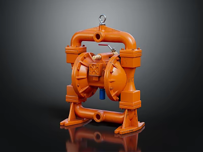 Orange Air Operated Double Diaphragm Pump With Piping And Metal Frame 3d model
