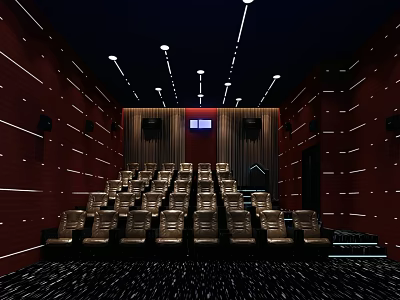 Modern Cinema Interior With Leather Seats Red Wall And Ceiling Lights 3d model
