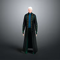 White Haired Character Design In Dark Long Coat With Gold Buttons And Blue Inner Garment