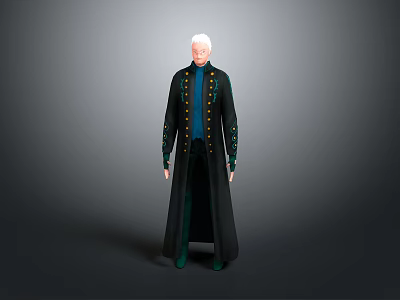 White Haired Character Design In Dark Long Coat With Gold Buttons And Blue Inner Garment 3d model