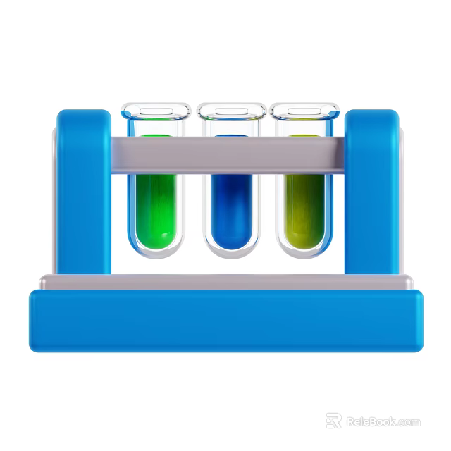 Industrial Laboratory Equipment Blue Test Tube Rack With Three Glass Tubes Containing Colored Liquids 3d model 