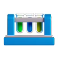 Industrial Laboratory Equipment Blue Test Tube Rack With Three Glass Tubes Containing Colored Liquids