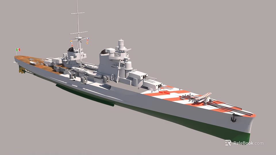 Detailed Warship 3D Model With Gray Hull Red White Striped Deck And Flags 3d model 