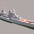 Detailed Warship 3D Model With Gray Hull Red White Striped Deck And Flags