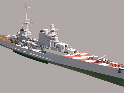 Detailed Warship 3D Model With Gray Hull Red White Striped Deck And Flags 3d model Detailed Warship 3D Model With Gray Hull Red White Striped Deck And Flags 3d model
