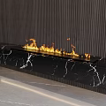 Modern Fireplace With Black Marble Hearth And Burning Flames Against Vertical Striped Wall