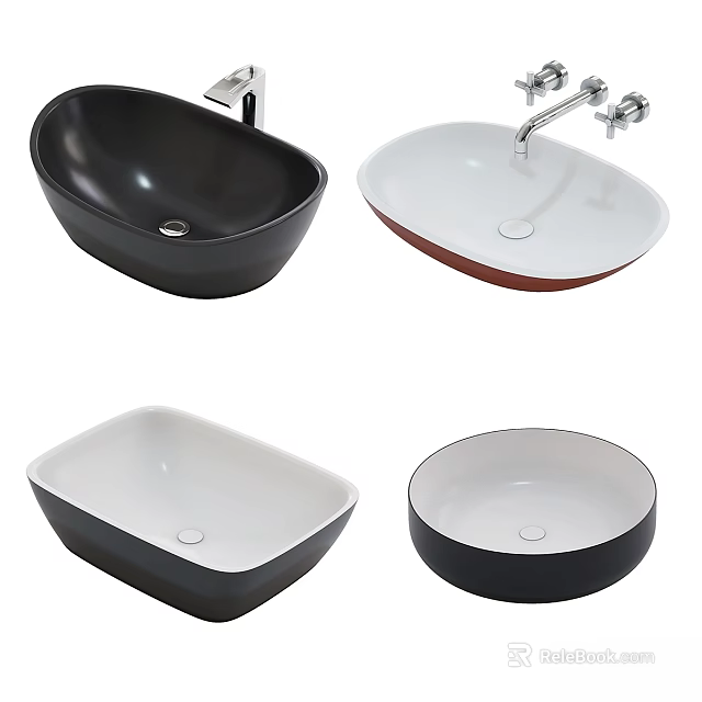 Modern Stylish Bathroom Washbasins With Various Shapes And Black White Designs 3d model 