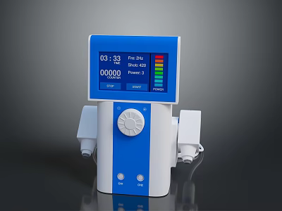 Blue And White Device With Digital Display Knob And Ports Showing Time And Power Level 3d model