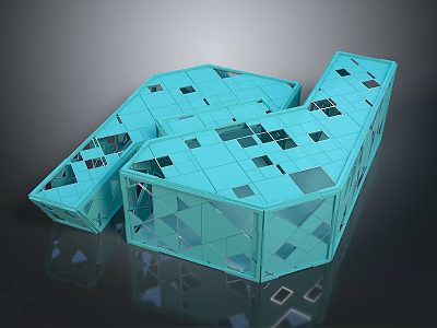 Modern Geometric Architectural Model With Turquoise Hollow Windows Block Structure And Irregular Shape 3d model