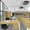 Public Office Space Open Layout with Wooden Desks Computers Table Lamps Bookshelves and Large Windows