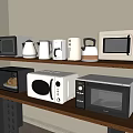 Various Kitchen Appliances Including Toaster Kettle Coffee Maker And Microwaves On Wooden Shelf