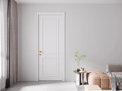 White Swing Door in Modern Minimalist Home Interior with Curtains Sofa and Potted Plant 3d model