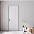 White Swing Door in Modern Minimalist Home Interior with Curtains Sofa and Potted Plant