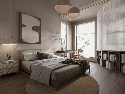 Modern Minimalist Bedroom Interior With Gray Walls Abstract Painting Bed Windows Bookshelf And Rug 3d model