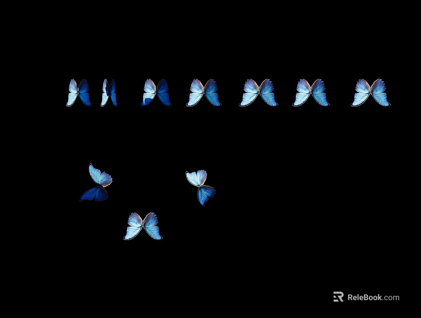 Blue Butterflies Flying on Black Background in Formation and Scattered Arrangement 3d model 