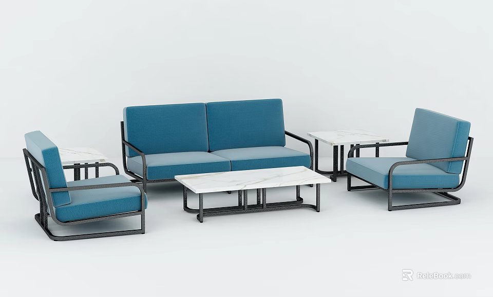 Modern Blue Sofa Coffee Table Combination With Metal Frame And White Table Top 3d model