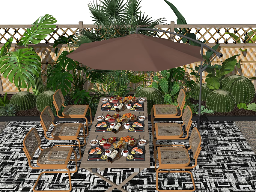 Outdoor Garden Table and Chairs Set With Brown Umbrella Green Plants and Food 3d model 