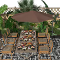 Outdoor Garden Table and Chairs Set With Brown Umbrella Green Plants and Food