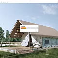 Modern Glamping Tent With Beige Roof White Walls Wooden Deck Hanging Bulbs Trees And Grass