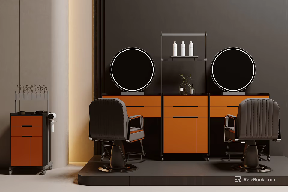 Modern Hair Salon Interior With Two Styling Chairs Round Mirrors And Orange Counters 3d model 