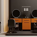 Modern Hair Salon Interior With Two Styling Chairs Round Mirrors And Orange Counters