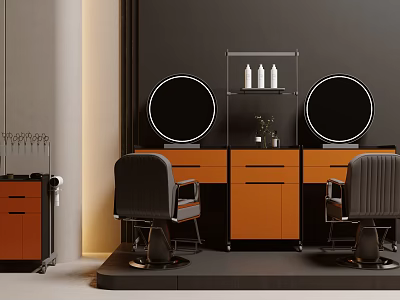 Modern Hair Salon Interior With Two Styling Chairs Round Mirrors And Orange Counters 3d model