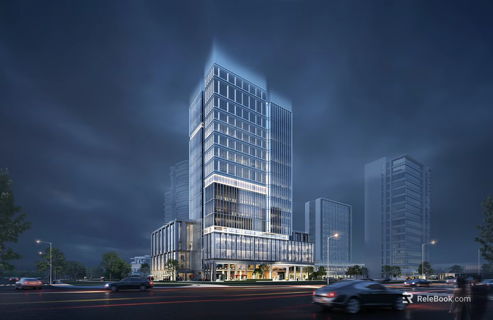 Modern Tall Office Building With Glass Facade And Illuminated Night View In Urban Setting 3d model 