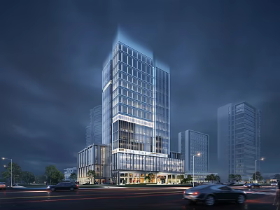 Modern Tall Office Building With Glass Facade And Illuminated Night View In Urban Setting 3d model