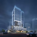 Modern Tall Office Building With Glass Facade And Illuminated Night View In Urban Setting